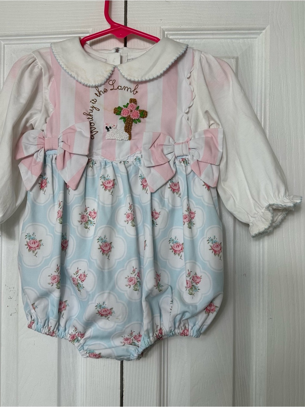 Busy Bees Smocks baby bubble romper Floral  in Pink & Blue size 9 months